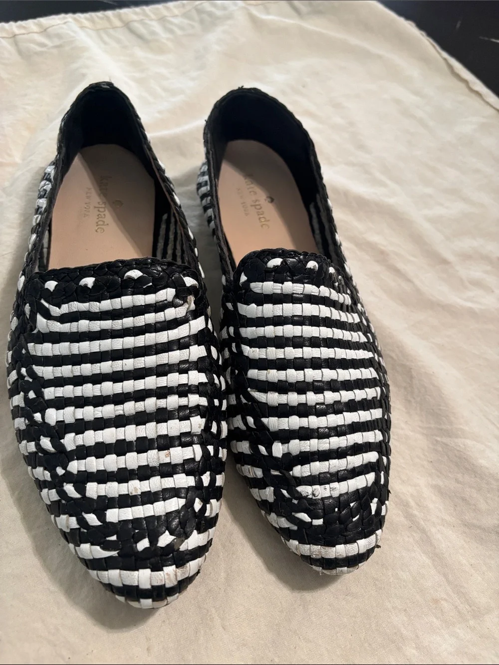 kate spade black & white woven slip-on loafers